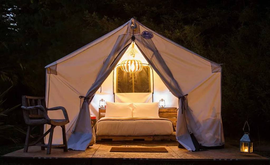 boone spa luxury glamping tent at night